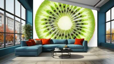 Close-up of a kiwi fruit slice showing its green flesh, black seeds, and white core. Wall mural