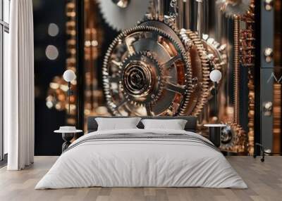 Close-up of intricate gears and mechanisms of a clock. Wall mural