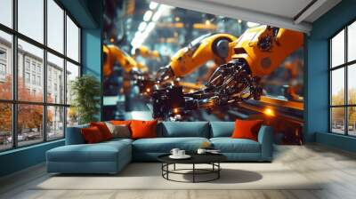 Close-up of robotic arms working on an assembly line in a factory setting. Wall mural