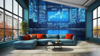 Empty conference room with a large screen displaying a stock market graph and blue data patterns on the walls. Wall mural