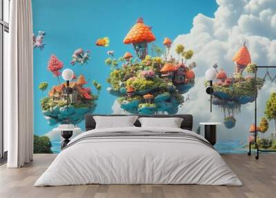 Fantasy island with floating houses and whimsical characters. Wall mural