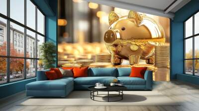 Gold piggy bank with stacks of golden coins on a reflective surface. Wall mural