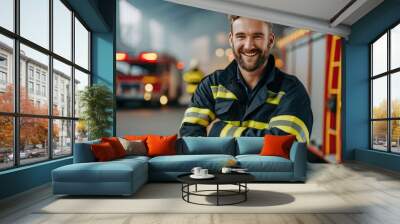 Handsome bearded man smiling happily while wearing a firefighter uniform Wall mural