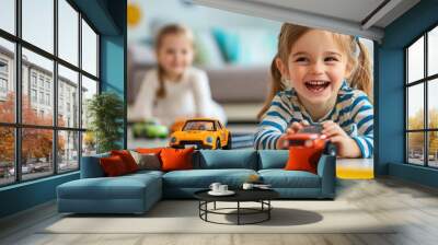 Happy little girl playing with toy cars on the floor. Wall mural