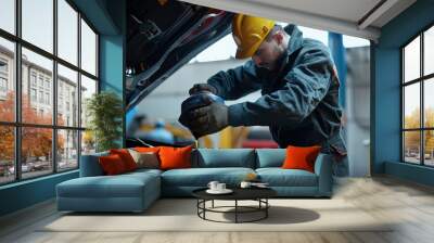 Mechanic wearing safety gear and adding oil to car engine during vehicle maintenance Wall mural