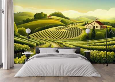 Picturesque Vineyard Landscape with House and Winding Path Wall mural