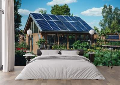 Sustainable greenhouse with solar panels on the roof. Wall mural