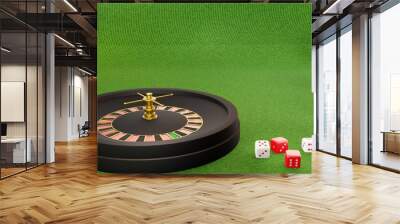 Casino online advertising background with roulette spinning over green floor., blackjack game rules, 3D Rendering Wall mural