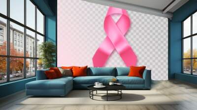 Breast cancer pink ribbon on transparent background. Awareness symbol, month. Breast october concept. Hope poster and female illustration. Silk ribbon in pink color. Wall mural