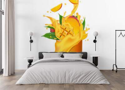 Orange mango multi yellow fruit cocktail. Splash swirl in the realistic glass.  Vector. Wall mural