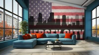 abstract silhouette of the city with text Jersey City at the vintage american flag Wall mural