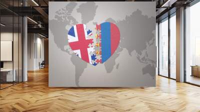 puzzle heart with the national flag of mongolia and great britain on a world map background. Concept. Wall mural