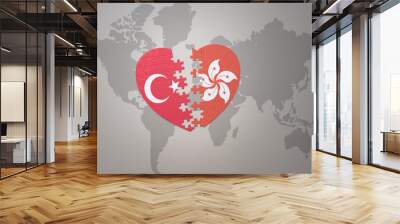 puzzle heart with the national flag of turkey and hong kong on a world map background. Concept. Wall mural