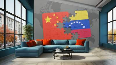 puzzle with the national flag of china and venezuela on a world map background. Wall mural