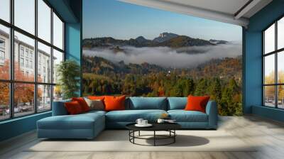 Autumn meadows and foggy valleys near mountain cottages near Jaworki village Wall mural