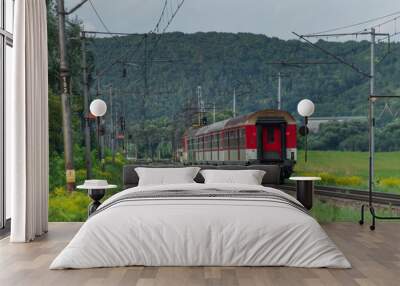 Passenger train with red electric locomotive and passenger coaches in summer Wall mural