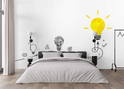 Bright ideas and innovation concept with shining light bulb and process route isolated on white background Wall mural