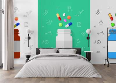 colorful pills, tablets and capsules with pill bottle and related medicine line icons. vector illust Wall mural