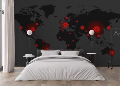 Coronavirus, COVID-19 and world map as global pandemic concept on dark background Wall mural