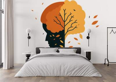 Dementia or Alzheimer's disease concept, head silhouette and autumn tree as senior brain, mental illness symbol. Falling old leaves as memory loss, thinking problem, cognitive impairment sign. Wall mural