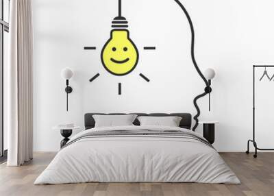 Light bulb with smiley face and profile outline made of wire as positive thinking, happy attitude and good idea concept Wall mural