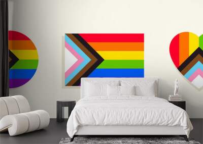 Progress pride flag with heart and circle design elements. Inclusive rainbow flag symbol: LGBTQ+, black and brown color representing communities of color, pink and light blue for transgender people. Wall mural