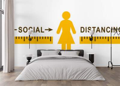 Social distancing sign with people apart from each other. Ruler showing correct distance or gap between them.  Wall mural