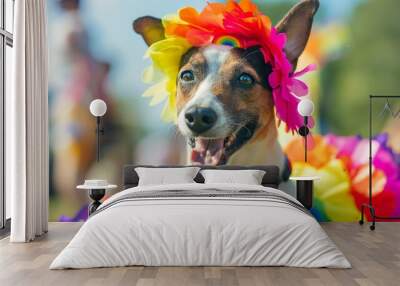 A happy Jack Russell dog wearing rainbow LGBT accessories, radiating joy and pride Wall mural