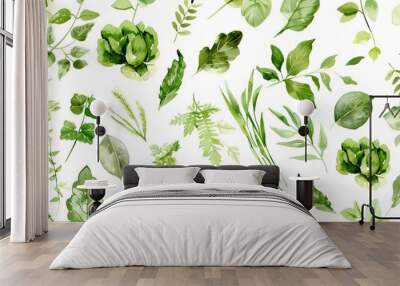 watercolor pattern, leaves, vegetables, only green, lots of white space Wall mural