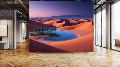 Desert Oasis at Twilight: A sprawling desert landscape with towering sand dunes, stretching as far as the eye can see Wall mural