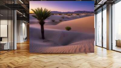 Desert Oasis at Twilight: A sprawling desert landscape with towering sand dunes, stretching as far as the eye can see Wall mural