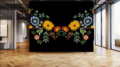 Embroidery native neckline pattern with fantasy flowers. Vector embroidered traditional floral design for fashion wearing. Wall mural