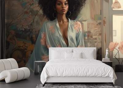 Fashionable black woman in interior. Wall mural