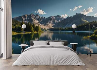 realistic landscape illustration of a lake, mountains, and a beautiful sky Wall mural