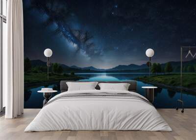 realistic landscape illustration of a lake, mountains, and a beautiful sky Wall mural