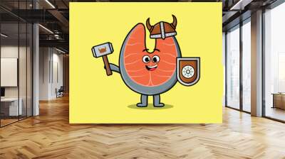 Cute cartoon character Fresh salmon viking pirate with hat and holding hammer and shield Wall mural