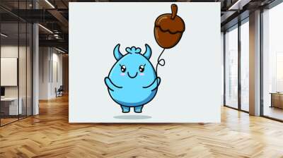 Cute cartoon goblin monster floating with acorn balloon cartoon vector illustration in concept 3d cartoon style Wall mural