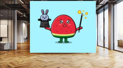 cute cartoon Watermelon magician character with bunny character coming out from magic hat Wall mural