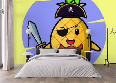 Pineapple pirate character with hat and holding sword  cute style for t shirt, sticker, logo element Wall mural