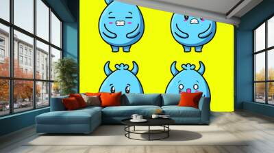 Set Kawaii Blue goblin cartoon monster vector image on yellow background cartoon icon illustration design isolated flat cartoon style Wall mural