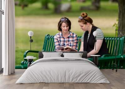 Two women studying the Bible on a park bench Wall mural