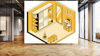 Vector isometric illustration, modern 3d wardrobe, dressing room interior concept. Arrangement of furniture in a cozy storage room, closet. Indoor environment, apartment template for home, hotel Wall mural