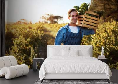 Agriculture, field and crate for man with harvest, natural produce and organic food in countryside farm. Sustainability, agribusiness and farmer with box for eco farming, gardening and green growth Wall mural