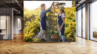 We scored big this season. Shot of a young man and woman giving each other a high five on a farm. Wall mural