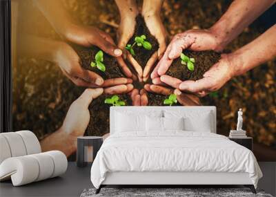 Were all responsible for a better tomorrow. Closeup shot of a group of unrecognizable people holding plants growing out of soil. Wall mural