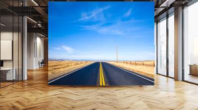 Asphalt road through a golden yellow grass field and clouds in blue sky in summer day Wall mural