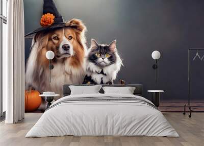 A fluffy cat and dog wearing costumes for Halloween, the concept of Haloween celebrations Wall mural