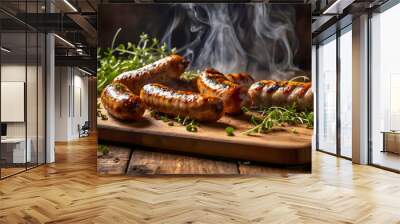 Freshly grilled homemade chicken sausages on a wooden board Wall mural