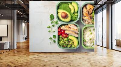 Healthy meal  containers with chicken, rice, avocado and vegetable, healthy lifestyle and diet Wall mural