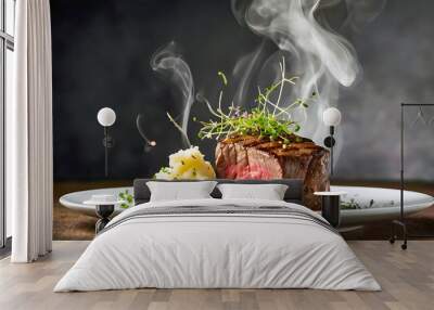 Tenderloin steak ( Filé Mignon ) with mashed potatoes and micro herbs, fine dining Wall mural